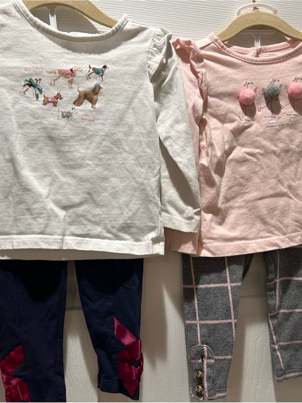 Janie and jack sets- 2 long sleeved tees, 2 leggings. Plaid, appliqué